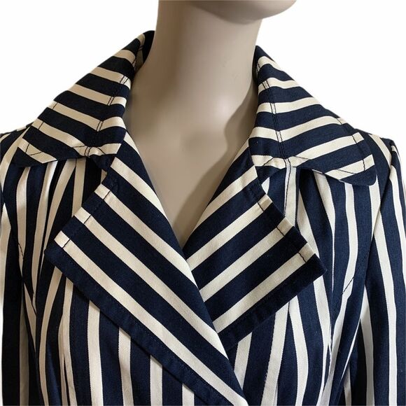 Express Navy Blue & White Striped Belted‎ Trench Coat Size Small - Picture 4 of 7
